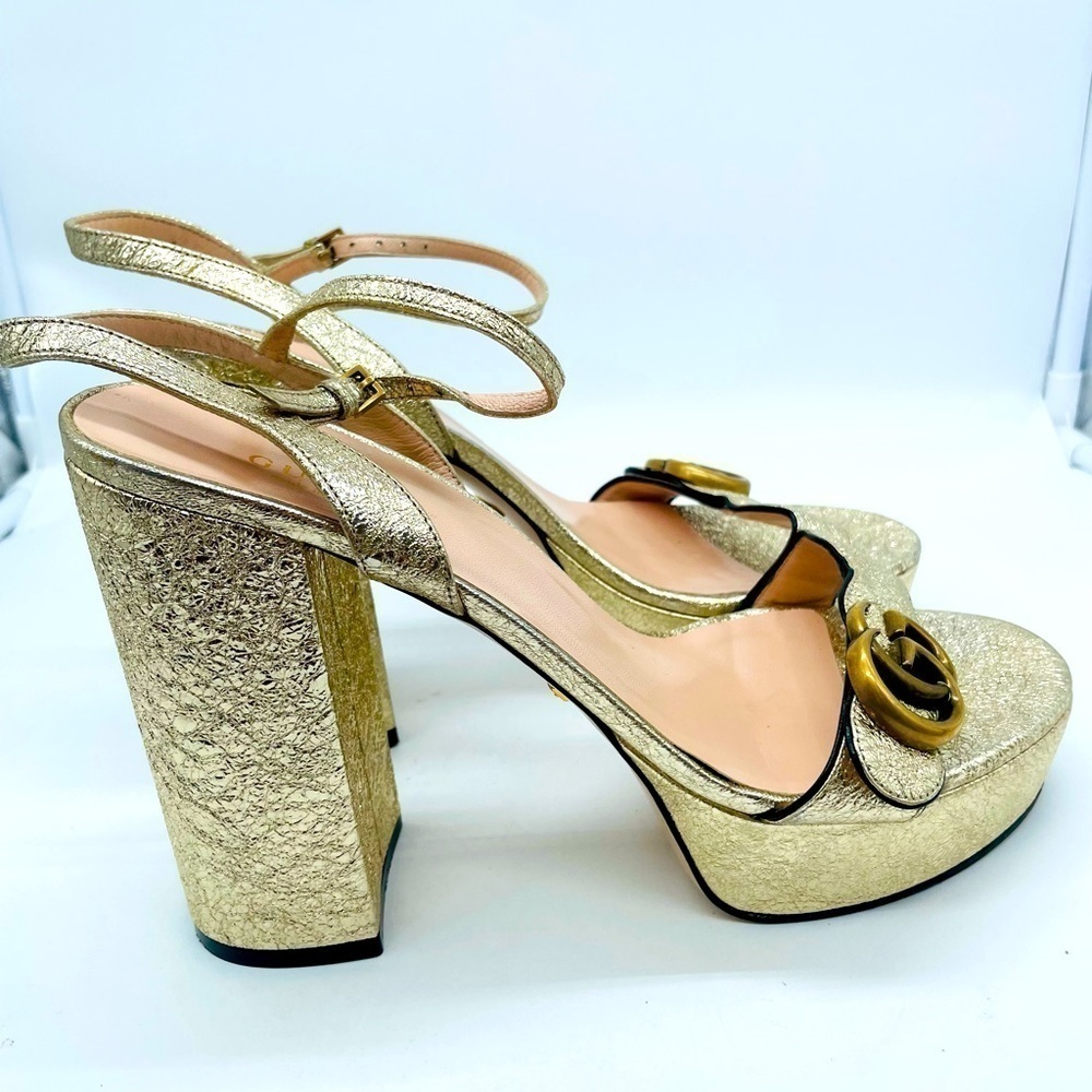 Gucci Galassia Metallic Gold leather GG Marmont ankle strap block heels 40.5 - Picture 7 of 11